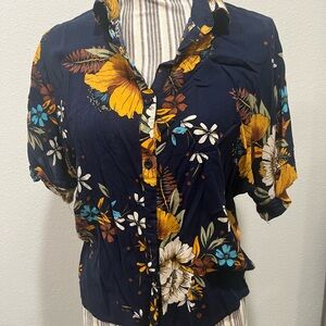 Floral Navy Button-Up Women's Top